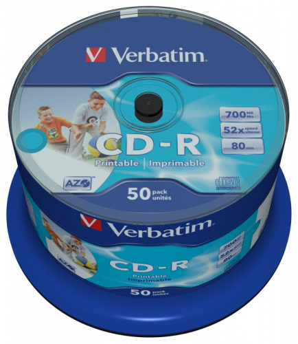 Купить Диск CD-R Verbatim 700Mb 52x Cake Box (50шт) Printable (43438) в Липецке