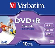 Купить Диск DVD+R Verbatim 4.7Gb 16x Jewel case (10шт) Printable (43508) в Липецке