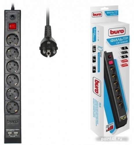 Купить Сетевой фильтр Buro BU-SP3_USB_2A-B 3м. (6 розеток) черный в Липецке фото 2