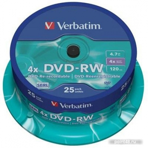 Купить Диск DVD-RW Verbatim 4.7Gb 4x Cake Box (25шт) (43639) в Липецке