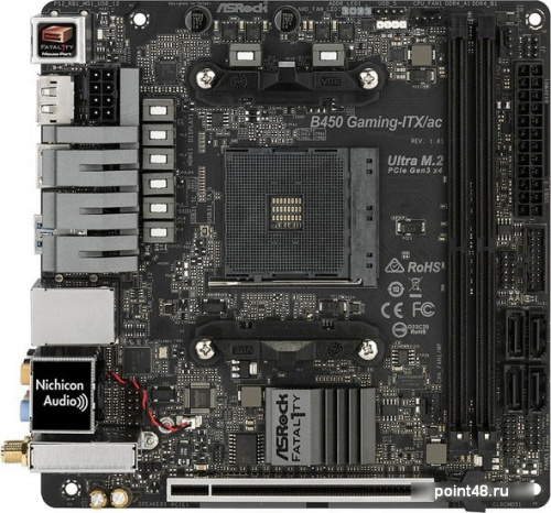 Материнская плата Asrock B450 GAMING-ITX/AC Soc-AM4 AMD B450 2xDDR4 mini-ITX AC`97 8ch(7.1) GbLAN RAID+HDMI+DP