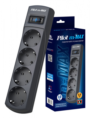 Купить Сетевой фильтр Pilot m-MAX 3м (4 розетки) серый (коробка) в Липецке