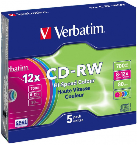 Купить Диск CD-RW 700Mb Verbatim 8-12х Color Slim Case (5шт) в Липецке