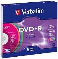 Купить Диск DVD+R Verbatim 4.7Gb 16x Slim case (5шт) Color (43556) в Липецке