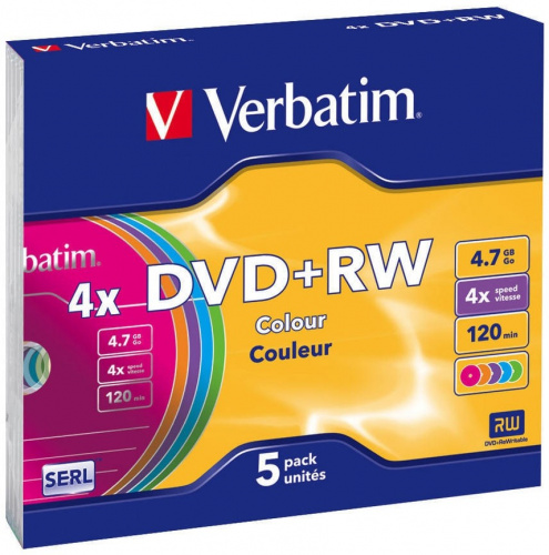 Купить Диск DVD+RW Verbatim 4.7Gb 4x Slim case (5шт) Color (43297) в Липецке