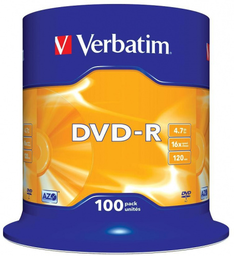 Купить Диск DVD-R Verbatim 4.7Gb 16x Cake Box (100шт) (43549) в Липецке
