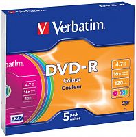 Купить Диск DVD-R Verbatim 4.7Gb 16x Slim Color (5шт) 43557 в Липецке