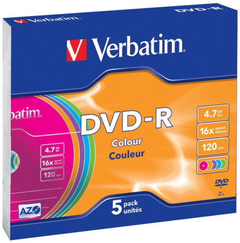 Купить Диск DVD-R Verbatim 4.7Gb 16x Slim Color (5шт) 43557 в Липецке
