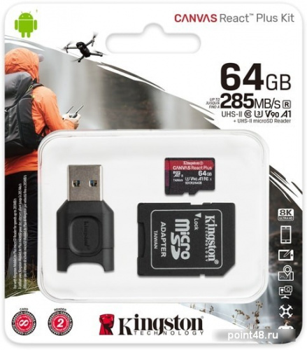 Купить Флеш карта microSDXC 64Gb Class10 Kingston MLPMR2/64GB Canvas React Plus + adapter Card Reader в Липецке фото 3