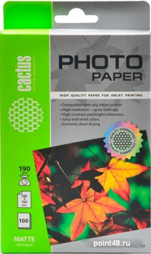 Купить Бумага CACTUS CS-MA6190100 для струйной печати, 190г/м2, 100 листов, 10x15 см в Липецке