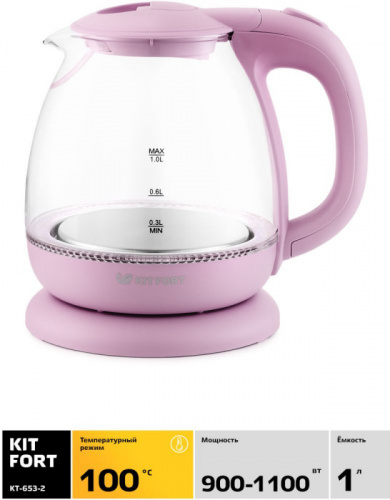 Купить Чайник электрический Kitfort КТ-653-2 1л. 1100Вт розовый (корпус: пластик/стекло) в Липецке фото 2
