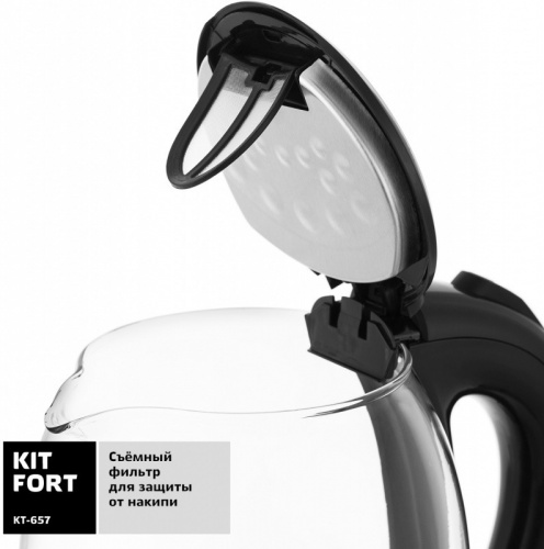 Купить Чайник электрический Kitfort КТ-657 1.7л. 2200Вт нержавеющая сталь/черный (корпус: стекло) в Липецке фото 4