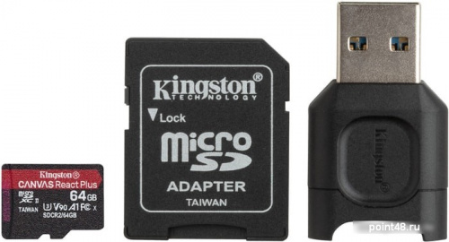Купить Флеш карта microSDXC 64Gb Class10 Kingston MLPMR2/64GB Canvas React Plus + adapter Card Reader в Липецке