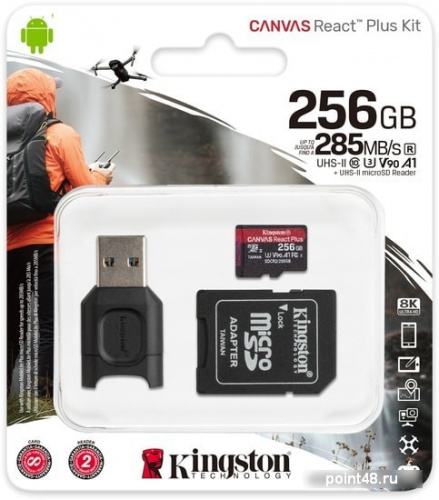 Купить Флеш карта microSDXC 256Gb Class10 Kingston MLPMR2/256GB Canvas React Plus + adapter Card Reader в Липецке фото 3